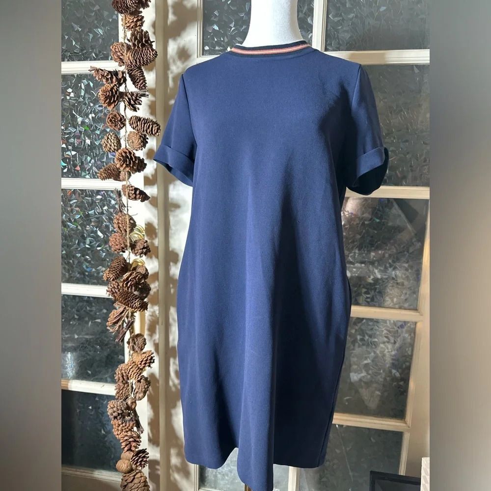 Theory Women's Navy Dress Admiral Crepe Shift Knee Length Minimalist Career Sz S